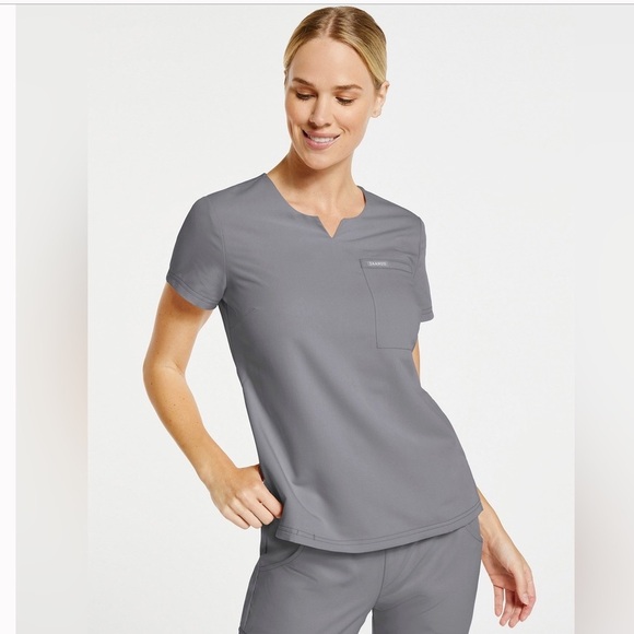 Jaanuu • 3-Pocket Notched Scrub Top Light Gray - M - Picture 2 of 12